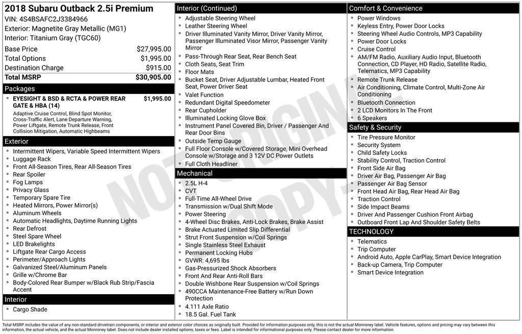 2018 Subaru Outback 2.5i Premium in Bridgeport WV For Sale - Image 1